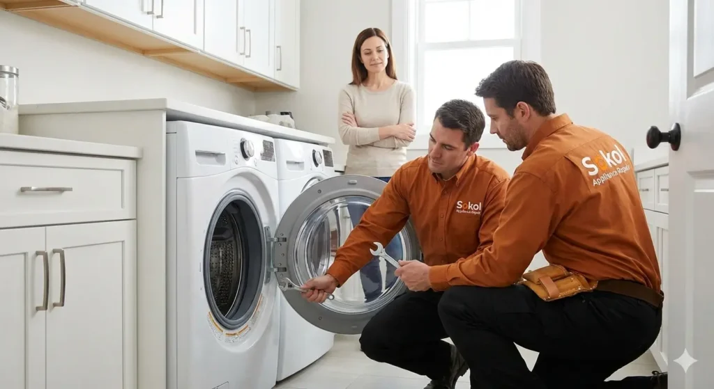Technician repairing a washing machine in Houston home using genuine parts.