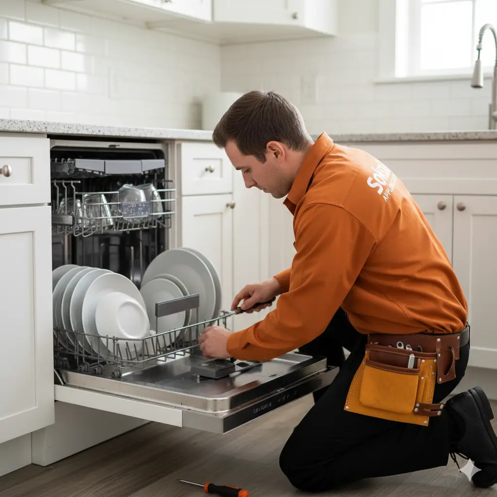 Technician repairing a dishwasher in Houston home