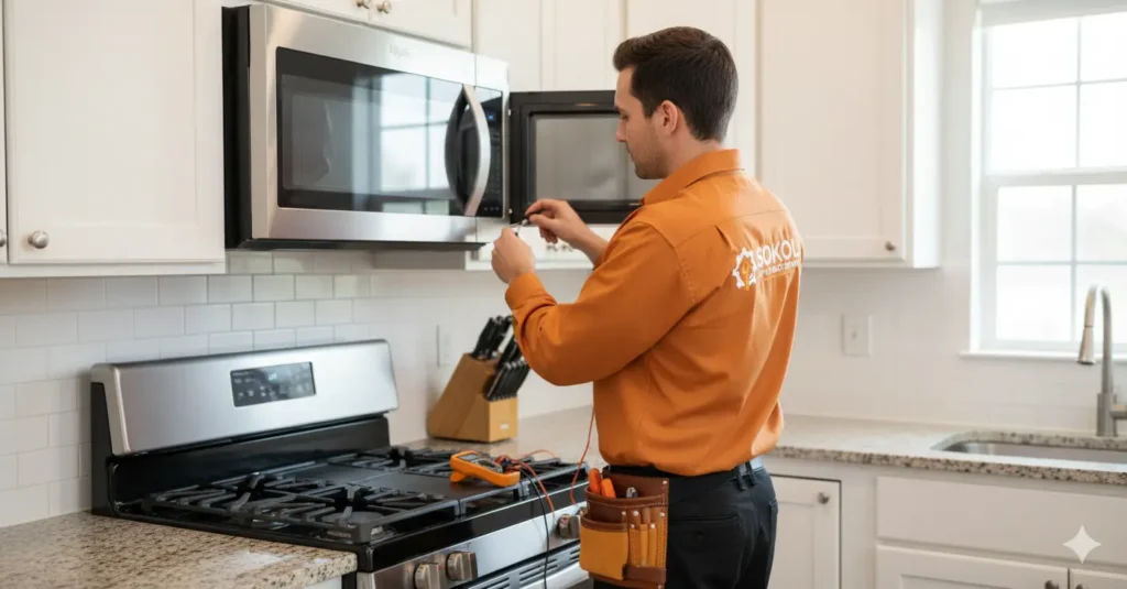 Technician repairing a microwave not heating in Houston
