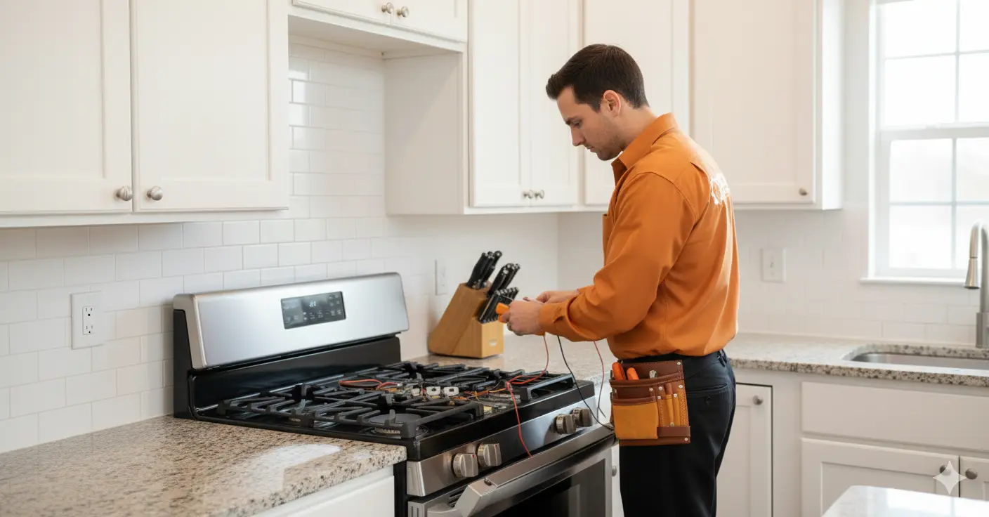Technician repairing a cooking range in Houston home