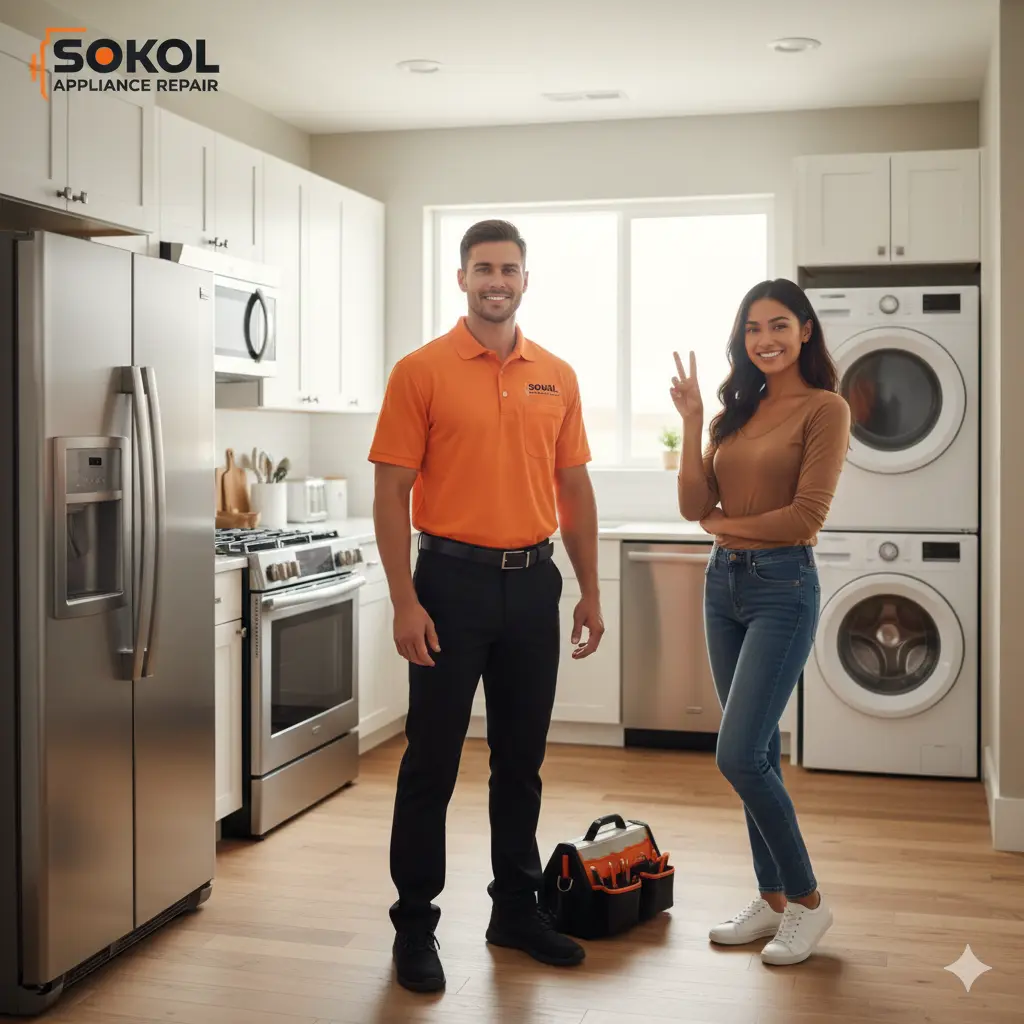 Appliance repair in Houston – technician fixing fridge, washing machine, oven, and dishwasher on-site.