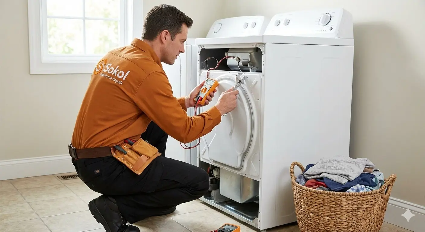 Technician repairing a clothes dryer in Houston home