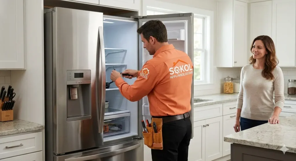 Technician providing refrigerator repair in a home.
