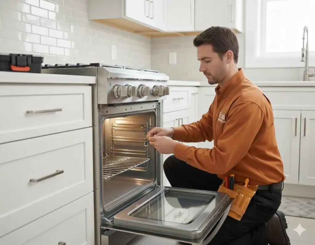 Technician repairing a cooking range in Houston kitchen.