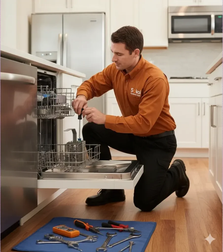 A Sokol Appliance Repair technician in an orange uniform using tools to perform a dishwasher repair in a bright, modern kitchen.
