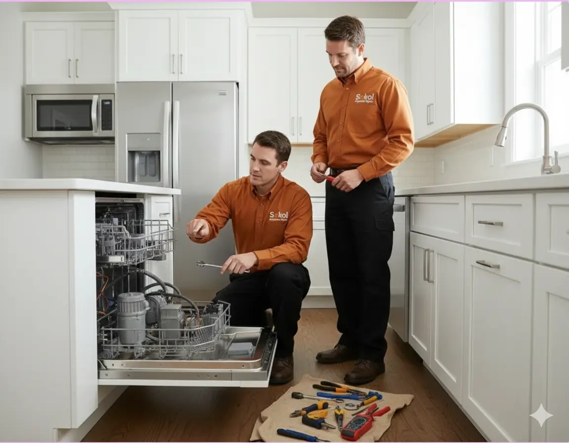 Two professional Sokol Appliance Repair technicians in orange uniforms inspecting and performing a dishwasher repair in a modern white kitchen.