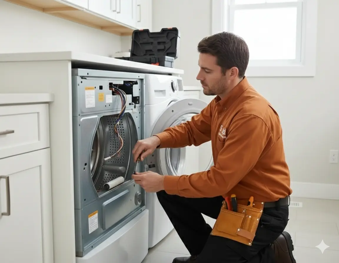Technician performing dryer repair Houston on a residential laundry appliance