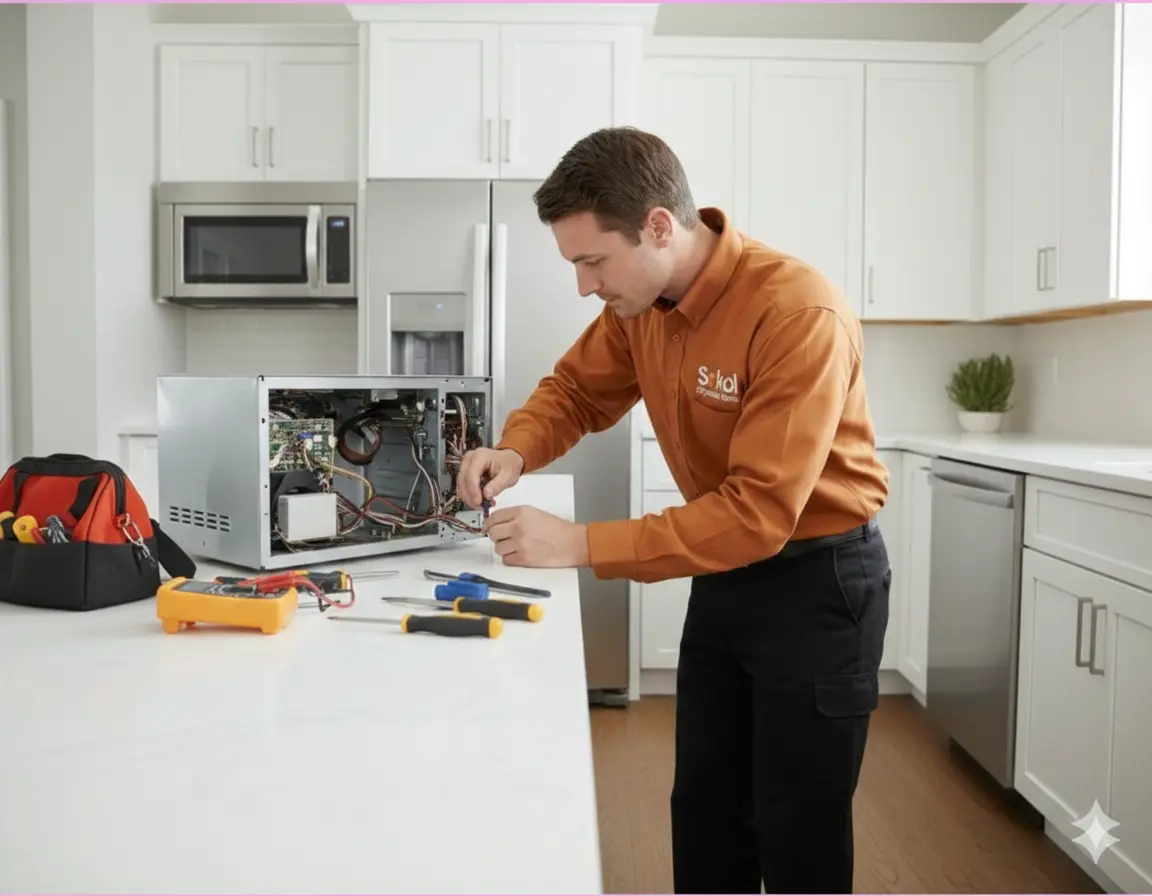 Technician repairing a microwave in a Houston kitchen
