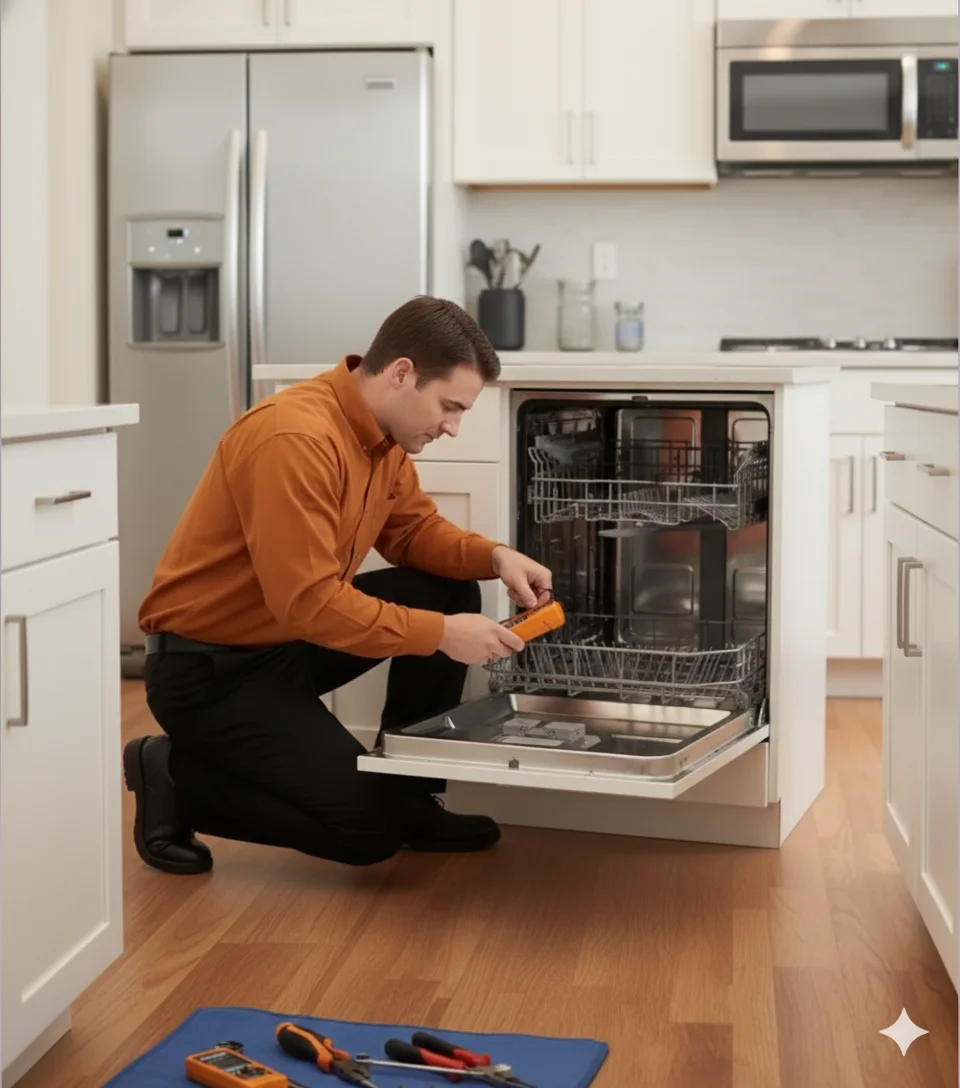 Technician performing dishwasher repair Houston inside a residential kitchen.