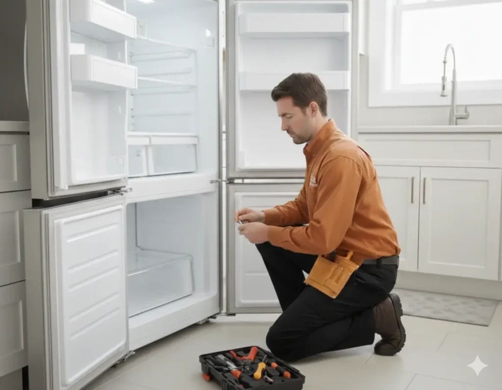 echnician performing refrigerator repair, fixing a home fridge on-site