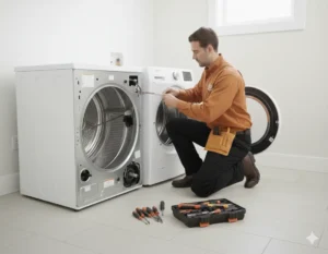 Technician providing on-site dryer repair Houston in a home.