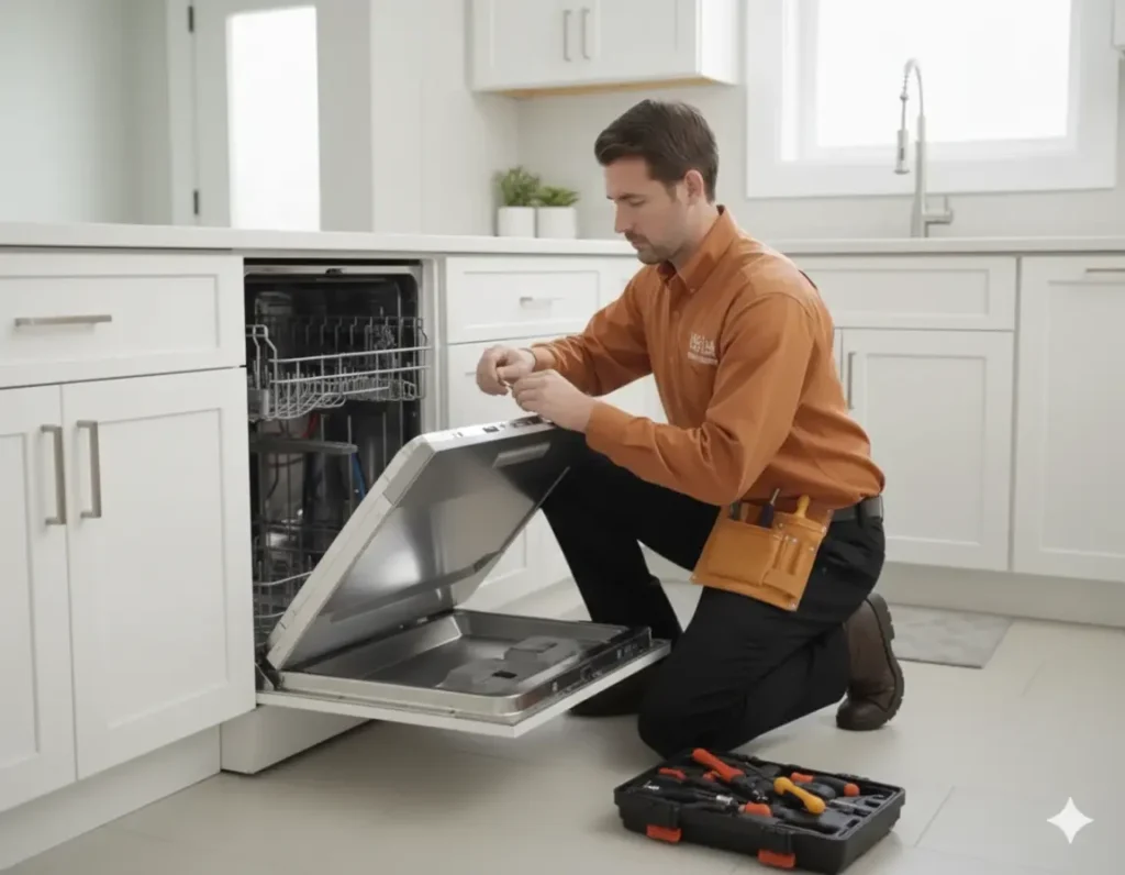 Technician performing professional dishwasher repair in a Houston kitchen
