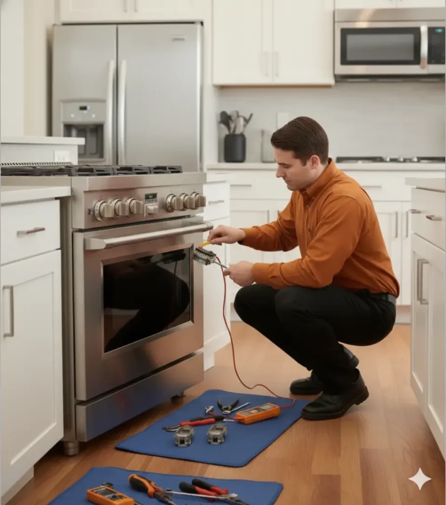 Technician repairing a gas cooking range in a modern Houston kitchen
