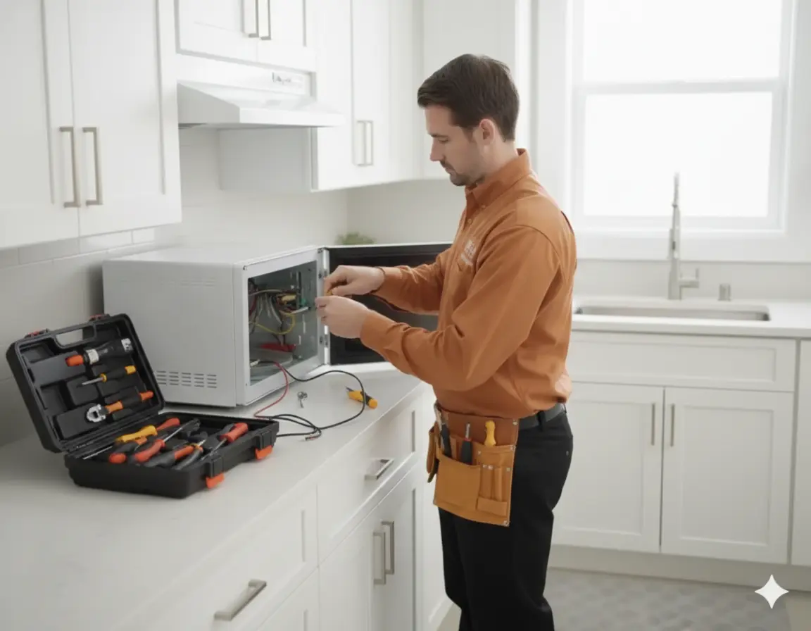 Technician performing microwave repair Houston on a home kitchen appliance