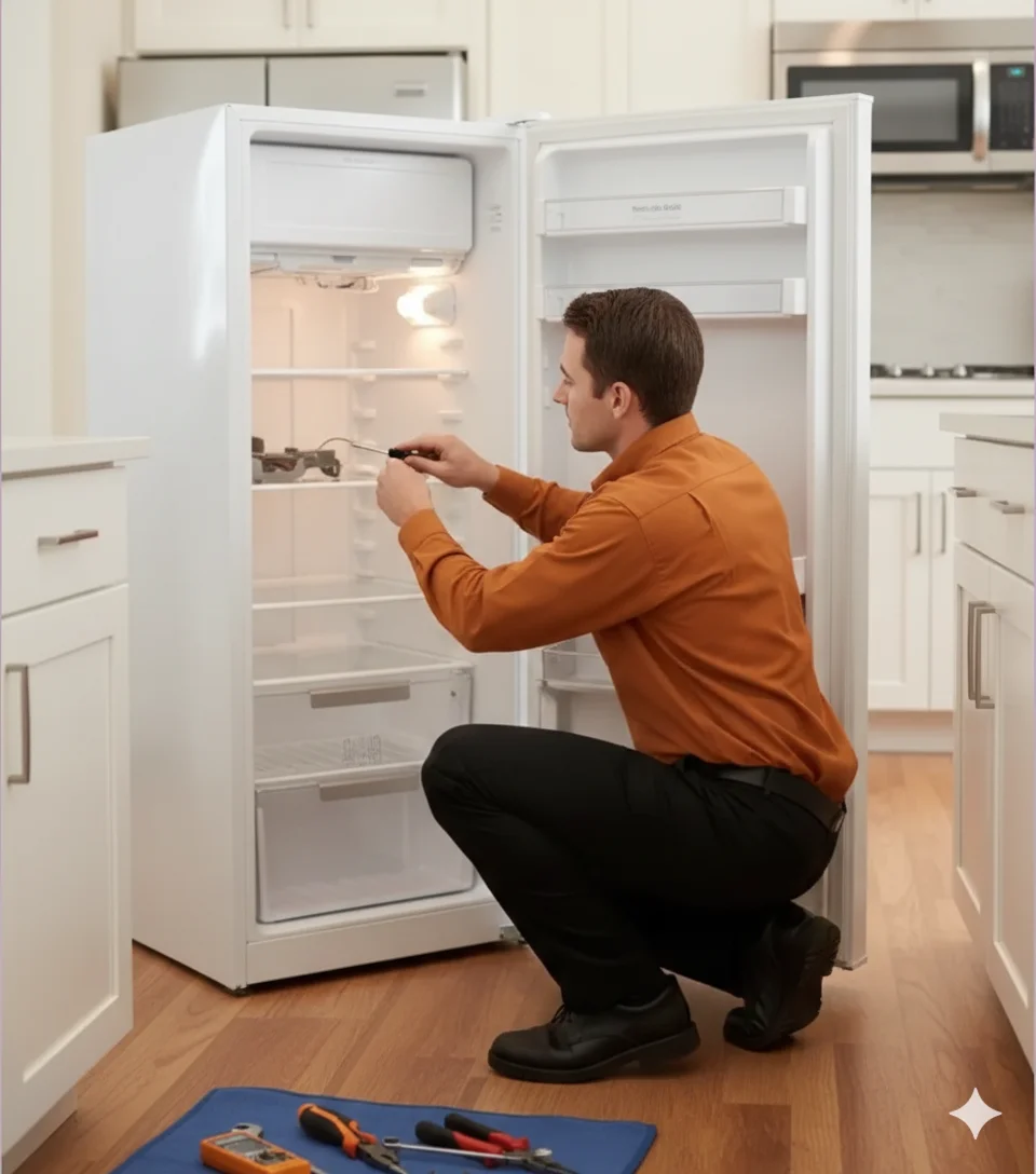 Single Door Refrigerator Repair technician inspecting a fridge in Houston kitchen, checking cooling and freezer systems.