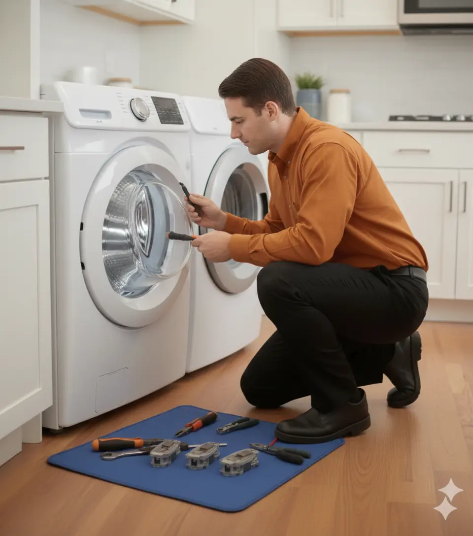 Professional technician in an orange uniform repairing a front-load washing machine in a Houston home.