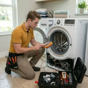 Washer repair Houston technician fixing washing machine drum and diagnosing issue