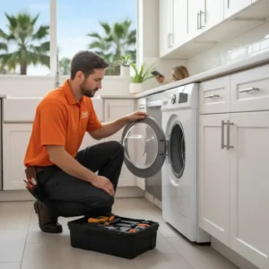 Appliance Repair Houston technician diagnosing a home appliance problem in a modern kitchen.