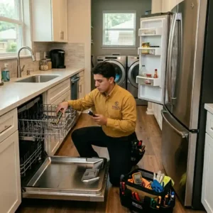 Appliance maintenance Houston technician inspecting home appliances in a modern kitchen