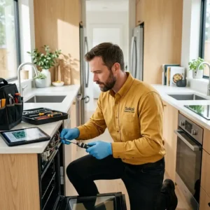 Cooking range repair Houston technician inspecting stove burners and diagnosing appliance issues in a modern kitchen